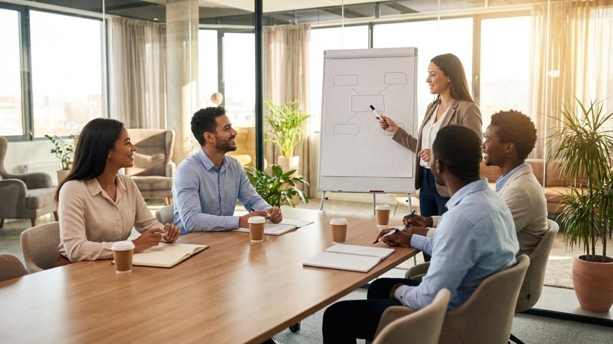 Sprachtraining in kleiner Gruppe am Bürotisch