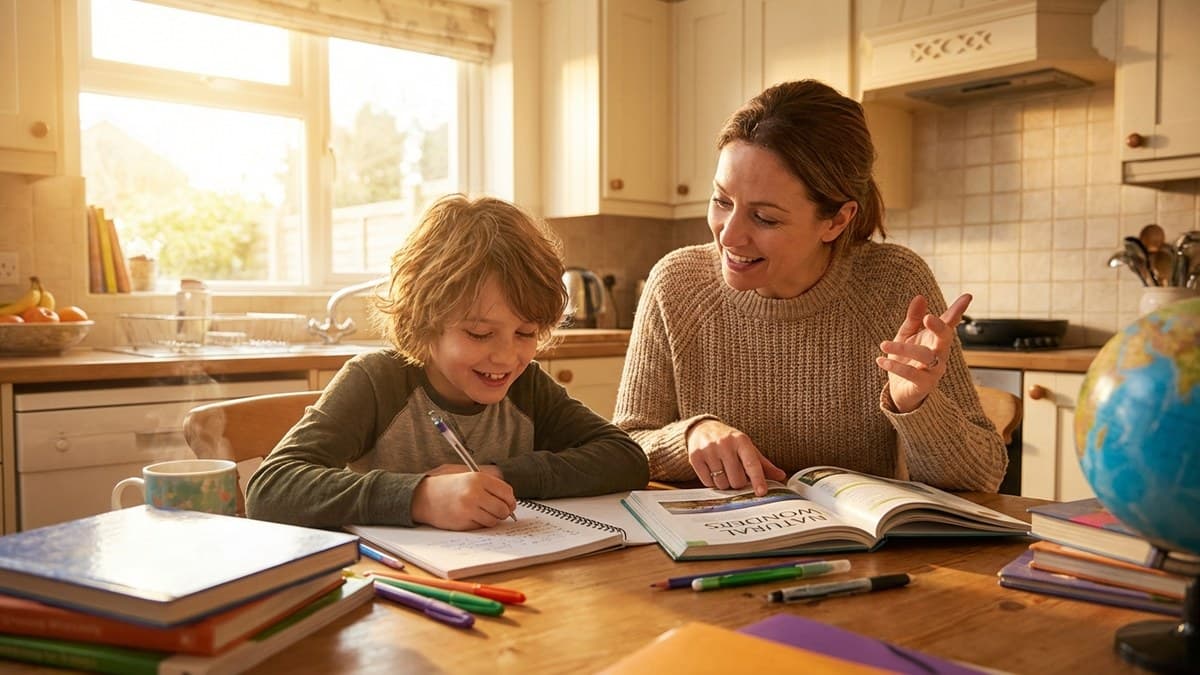 Mutter lernt mit Kind am Küchentisch