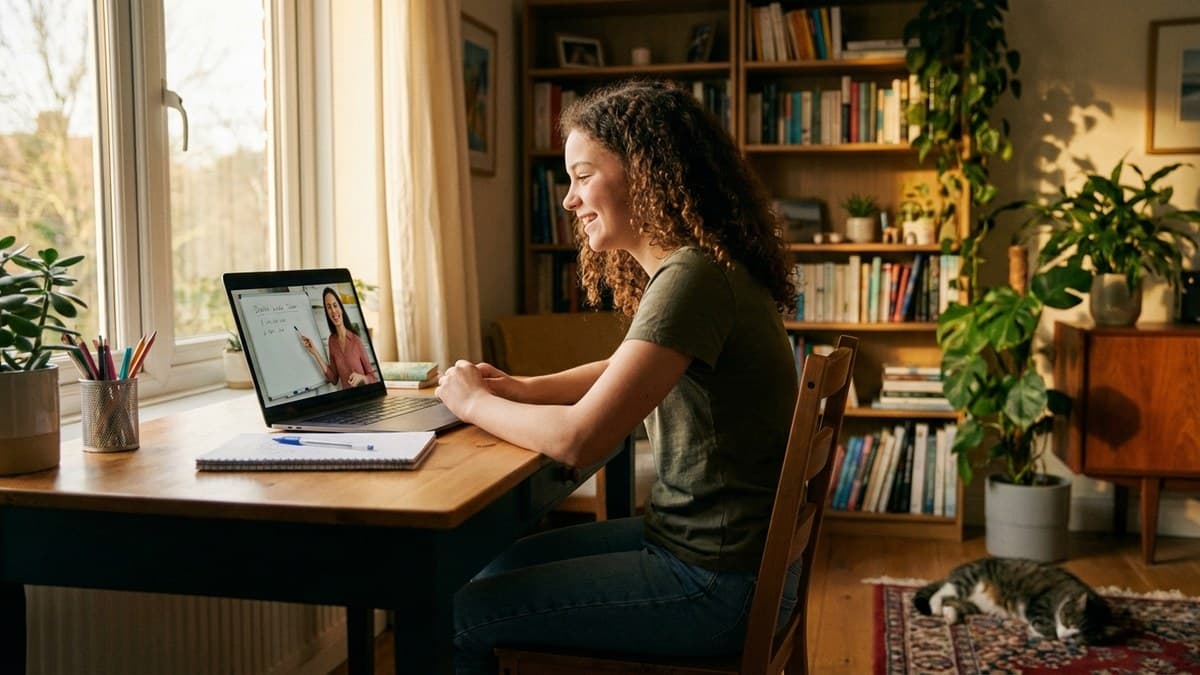 Schülerin lernt online per Videocall mit Nachhilfelehrerin